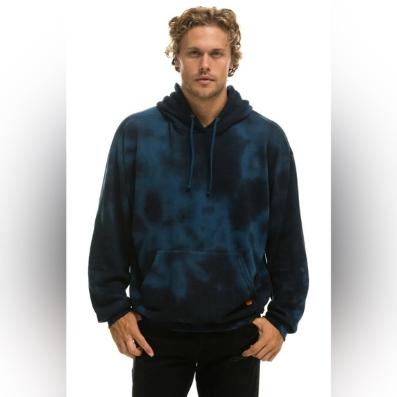 AVIATOR NATION UNISEX HAND DYED PULLOVER HOODIE RELAXED - TIE DYE BLUE BLACK - Picture 2 of 12